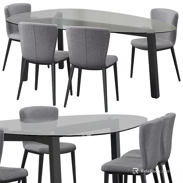 Modern Dining Table And Chairs Set With Glass Top Gray Seats And Black Legs 3d model 