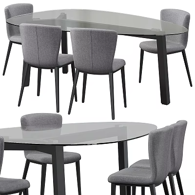 Modern Dining Table And Chairs Set With Glass Top Gray Seats And Black Legs 3d model