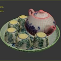 Traditional Blue And White Ceramic Tea Set With Teapot Teacups On Tray 3d model