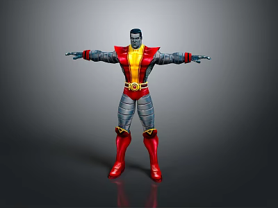 Armored Superhero Figure In Red And Yellow Costume With Metallic Armor And Outstretched Arms 3d model