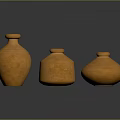 Three Orange Terracotta Vases With Various Shapes On Dark Background And Reflections