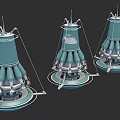 Three Blue Rocket Engine Models With Multiple Nozzles Brackets And Circular Base