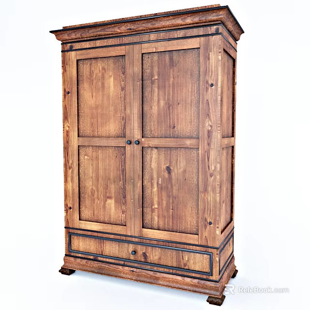 Solid Wood Wardrobe with Double Doors and Bottom Drawer Natural Rustic Design 3d model 