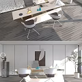 Modern White Office Desk With Ergonomic Chairs Wall Art Sculpture And Plant In Bright Workspace