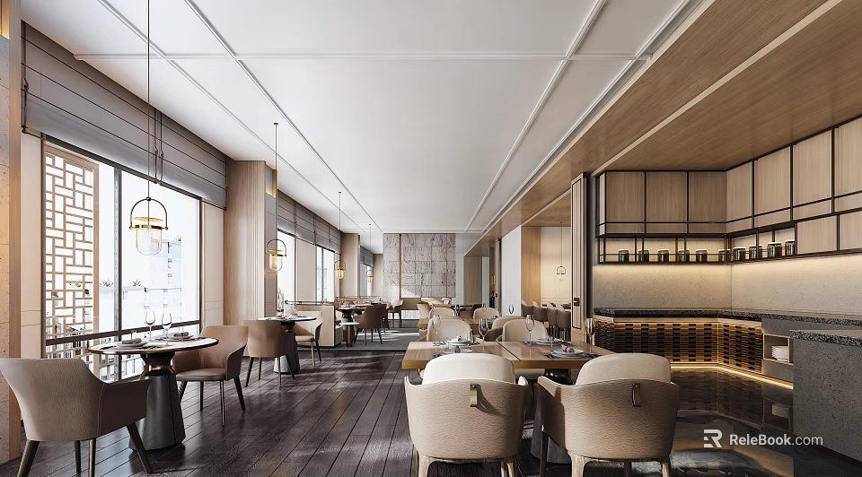 Modern Restaurant Interior With Wooden Decor Pendant Lights Dining Tables And Large Windows 3d model 