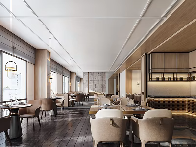 Modern Restaurant Interior With Wooden Decor Pendant Lights Dining Tables And Large Windows 3d model