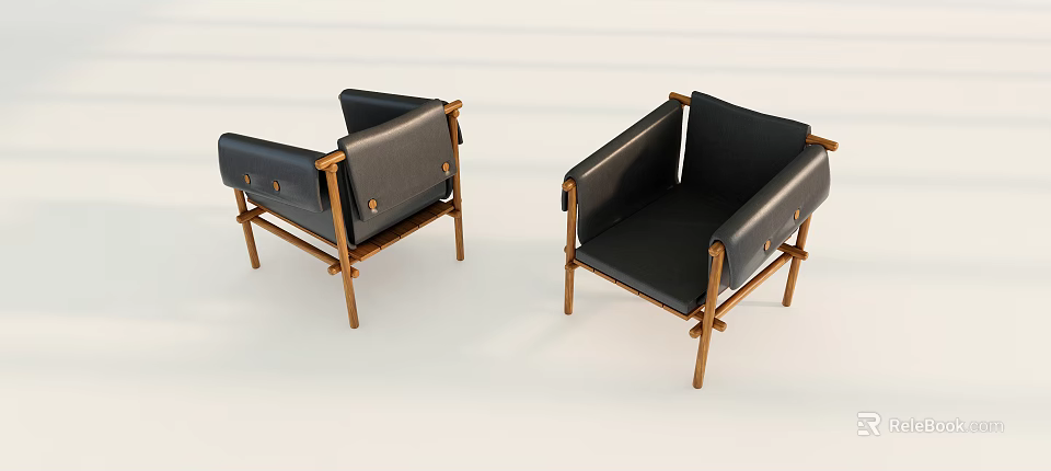 Modern Black Leather Leisure Chairs With Wooden Frame Set of Two Design 3d model 