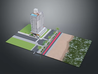 High Rise Apartment Building With Rooftop Pool Near Beach And Palm Trees 3d model