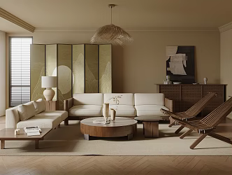 Quiet Ancient Style Home Living Room Sofa Coffee Table Combination Round Coffee Table Leisure Chair Decorative Side Cabinet Screen Chandelier 3d model