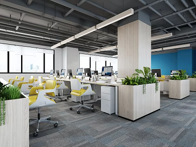 Modern Public Office Workspace with Open Layout Desks Computers Chairs and Green Plants 3d model