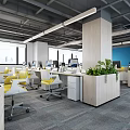 Modern Public Office Workspace with Open Layout Desks Computers Chairs and Green Plants