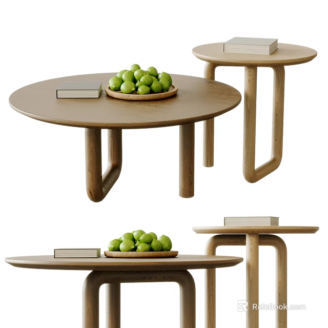 Wooden Round Coffee Table With Green Fruits Plate And A Book On Top 3d model 