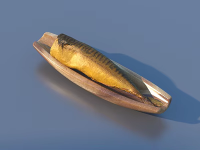 Golden Smoked Fish Fillet Served On Wooden Boat Shaped Dish With Blue Background 3d model
