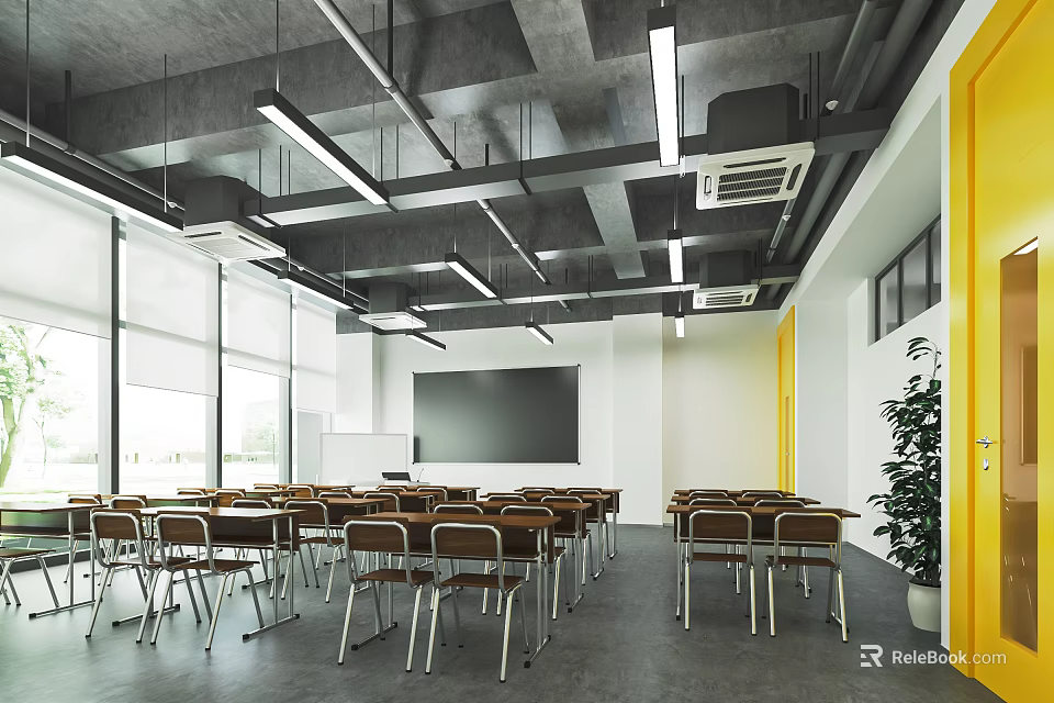 School Classroom Space With Desks Chairs Blackboard Windows And Yellow Door Plant 3d model 