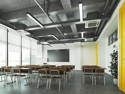 School Classroom Space With Desks Chairs Blackboard Windows And Yellow Door Plant 3d model