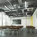 School Classroom Space With Desks Chairs Blackboard Windows And Yellow Door Plant