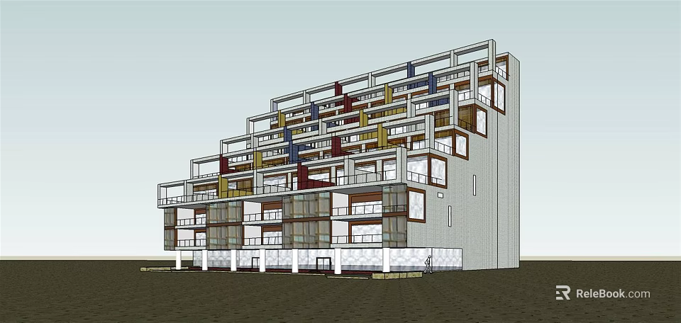 Modern Multi Story Apartment Building With Colorful Balconies And Glass Facade 3d model 