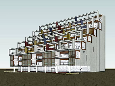 Modern Multi Story Apartment Building With Colorful Balconies And Glass Facade 3d model