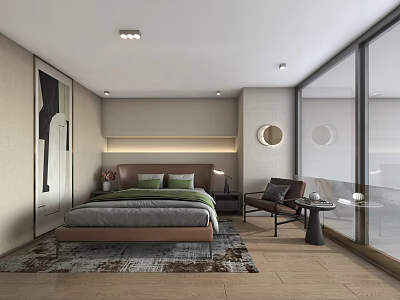 Modern Bedroom Interior With Bed Green Pillows Area Rug Armchair And Large Windows 3d model
