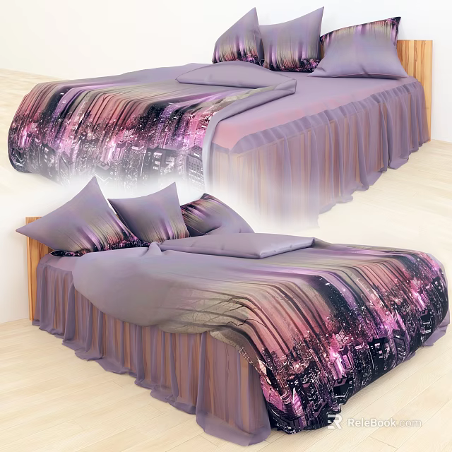 Double Bed With City Night View Bedspread Purple Pink Tones Pillows And Bed Skirt 3d model 