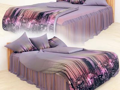 Double Bed With City Night View Bedspread Purple Pink Tones Pillows And Bed Skirt 3d model
