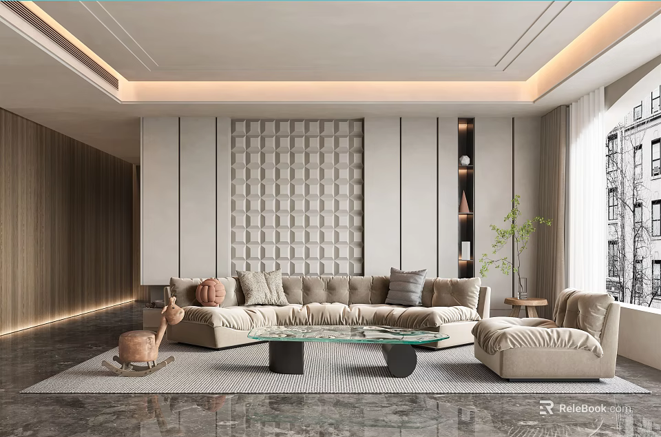 Elegant Modern Living Room Interior With Large Sofa Glass Coffee Table And Greenery 3d model 