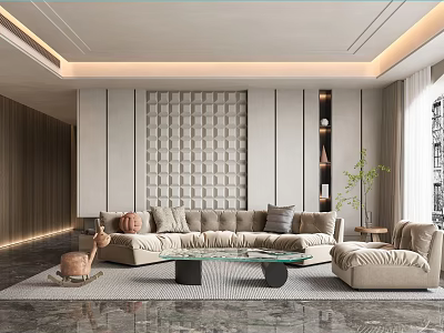 Elegant Modern Living Room Interior With Large Sofa Glass Coffee Table And Greenery 3d model