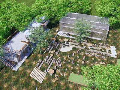 Rustic Guesthouse Architecture With Lush Greenery Garden Paths and Outdoor Terrace 3d model