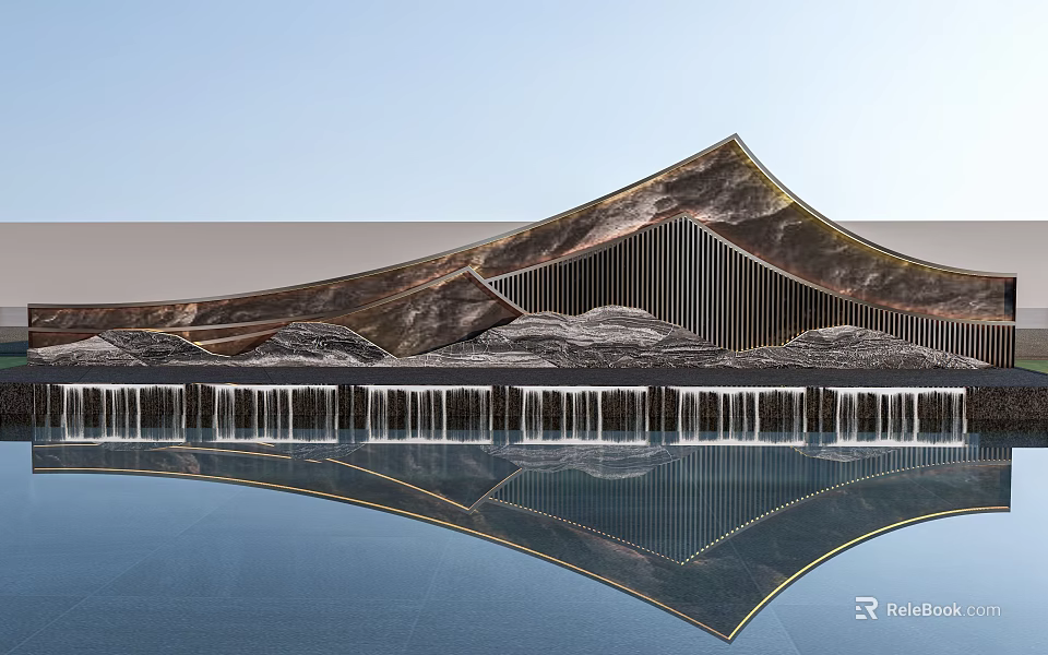 Modern Mountain Shaped Feature Wall With Metallic Texture Golden Frame And Water Reflection 3d model 