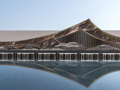 Modern Mountain Shaped Feature Wall With Metallic Texture Golden Frame And Water Reflection 3d model