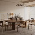 Wooden Dining Table And Chairs Set On Beige Rug With Pendant Lights And Sideboard