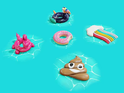 Inflatable Water Sports Equipment With Donut Flamingo Surfboard Rainbow And Poop Shaped Toys 3d model