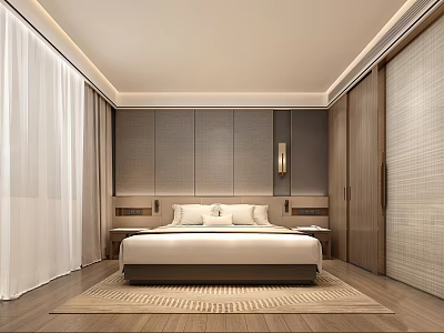Modern Hotel Room Interior With Large Bed Gray Paneling Wooden Wardrobes And White Curtains 3d model