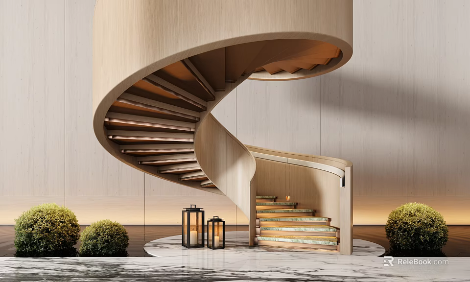 Wooden Spiral Staircase Interior With Green Plants Lanterns Marble Floor And Light Colored Walls 3d model 