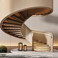Wooden Spiral Staircase Interior With Green Plants Lanterns Marble Floor And Light Colored Walls