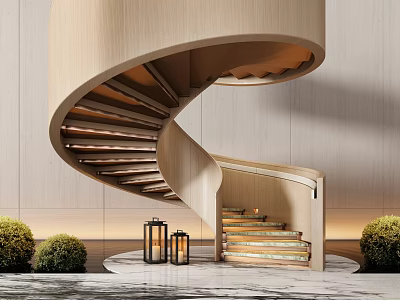Wooden Spiral Staircase Interior With Green Plants Lanterns Marble Floor And Light Colored Walls 3d model