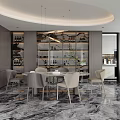 Modern Dining Living Area With Round Table Chairs Glass Wine Cabinet And Marble Flooring