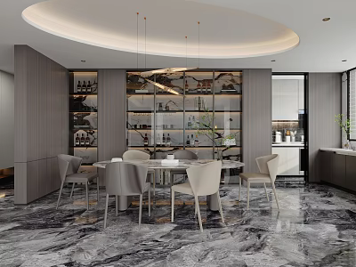 Modern Dining Living Area With Round Table Chairs Glass Wine Cabinet And Marble Flooring 3d model