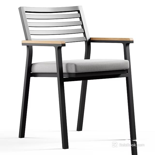 Modern Minimalist Chair With Black Metal Frame Wooden Armrests And Gray Padded Seat 3d model 