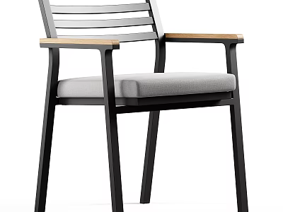 Modern Minimalist Chair With Black Metal Frame Wooden Armrests And Gray Padded Seat 3d model
