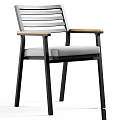 Modern Minimalist Chair With Black Metal Frame Wooden Armrests And Gray Padded Seat