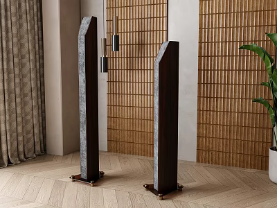 Sleek Tall Floor Speakers in Modern Space with Bamboo Textured Wall and Green Plant 3d model