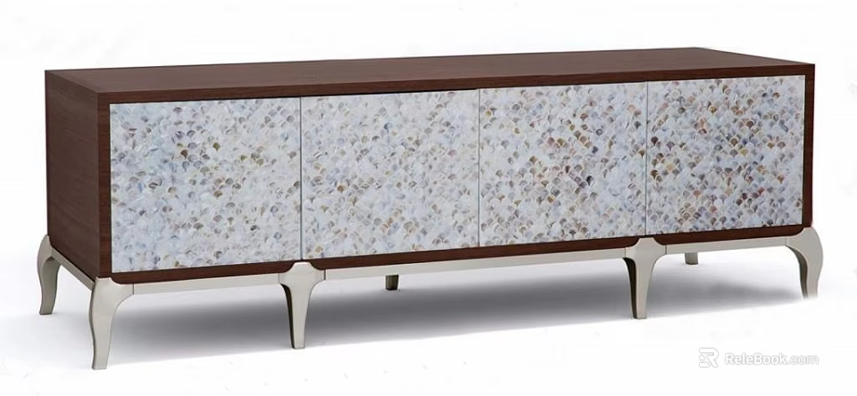 Modern TV Stand with Mother of Pearl Inlay Surface and Sleek Metal Legs Design 3d model 