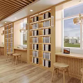 School Library Interior With Wooden Ceiling Bookshelves Bright Reading Area Sofa And