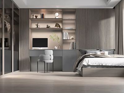 Modern Tatami Bedroom Interior With Tatami Bed Desk Wooden Shelves And Glass Doors 3d model