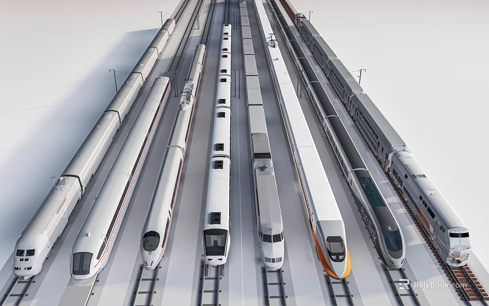 Various Modern Trains Lined Up On Parallel Rail Tracks With Silver White And Orange Designs 3d model 