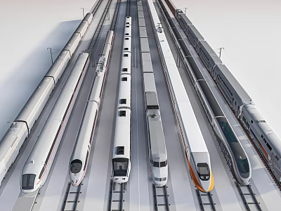 Various Modern Trains Lined Up On Parallel Rail Tracks With Silver White And Orange Designs 3d model