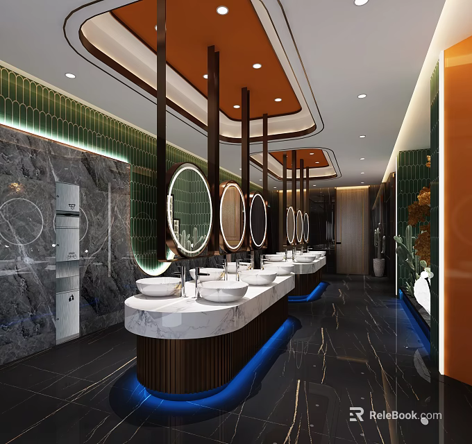 Elegant Modern Public Restroom Interior With Multiple Washbasins Round Mirrors and Marble Countertops 3d model 