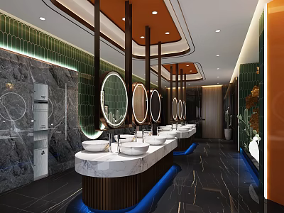 Elegant Modern Public Restroom Interior With Multiple Washbasins Round Mirrors and Marble Countertops 3d model
