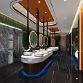Elegant Modern Public Restroom Interior With Multiple Washbasins Round Mirrors and Marble Countertops